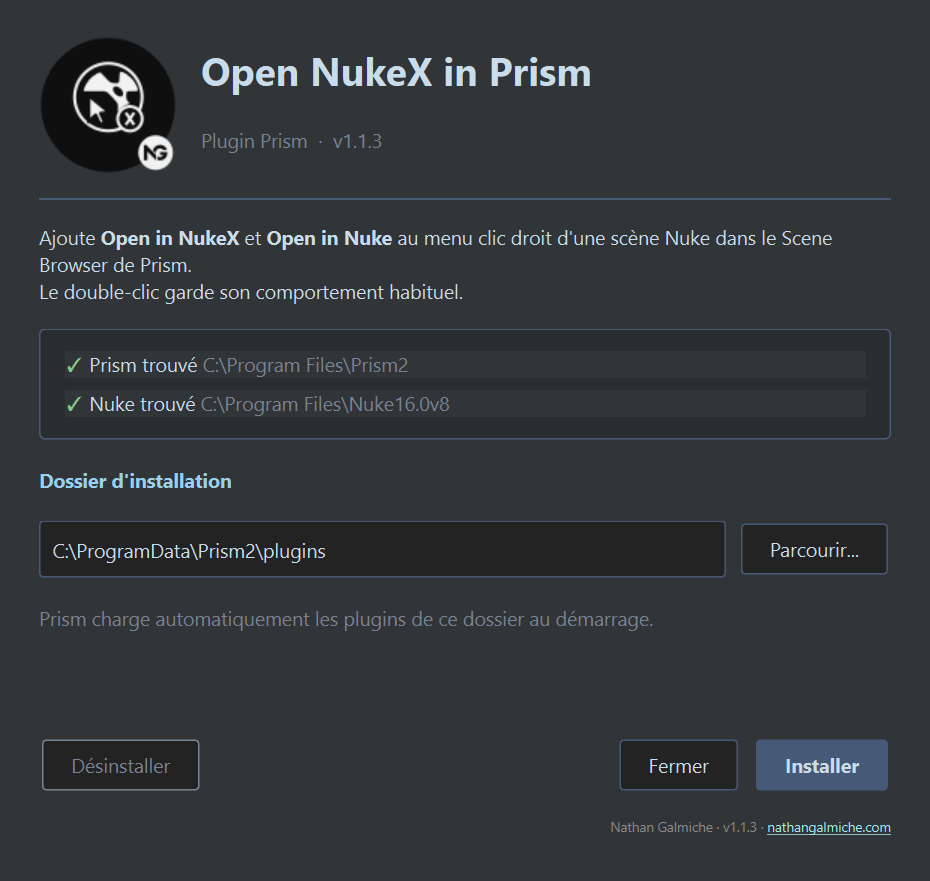 The Open NukeX in Prism installer, Prism and Nuke detected