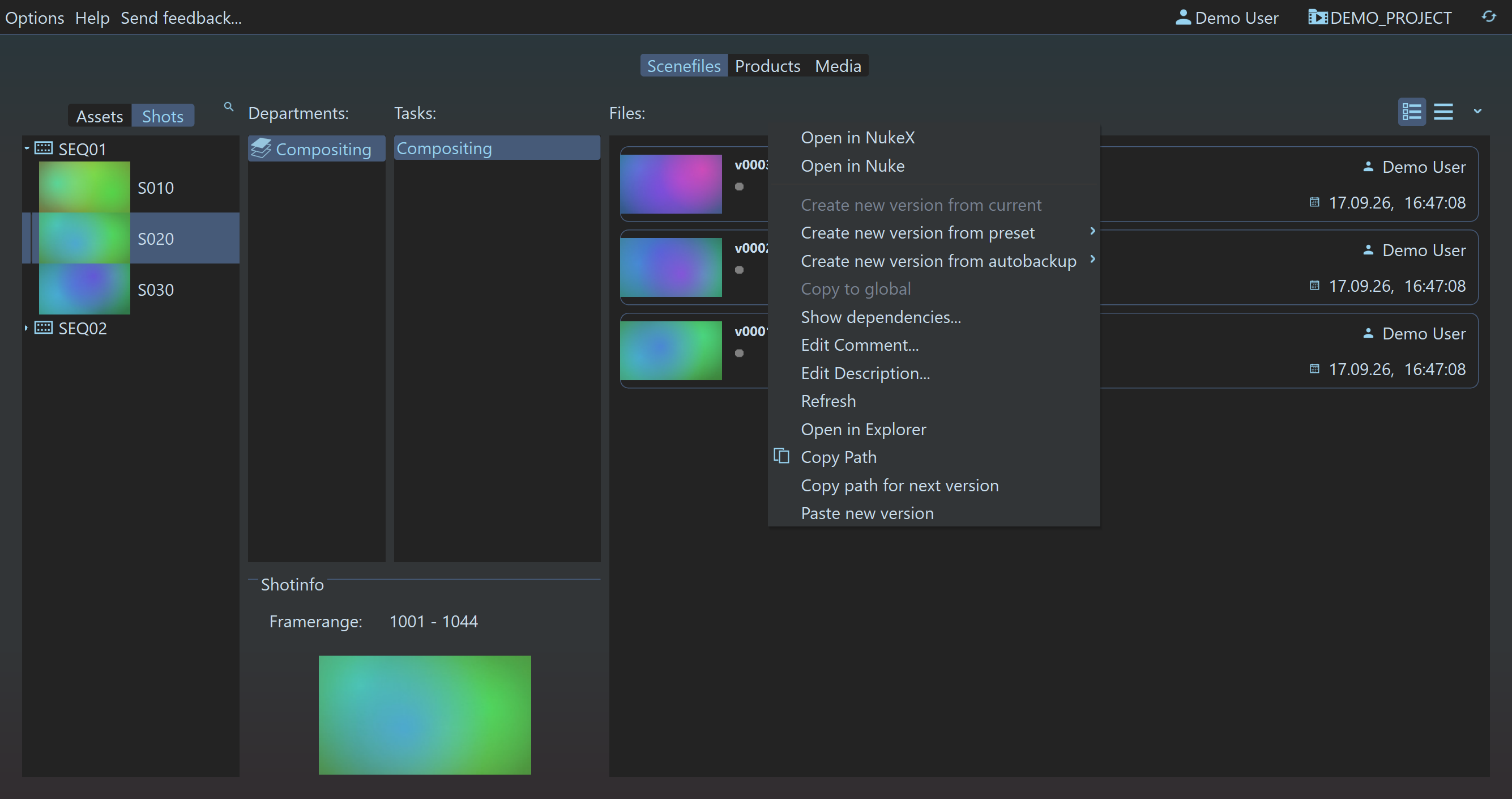 Prism Scene Browser with the right-click menu open, Open in NukeX and Open in Nuke at the top