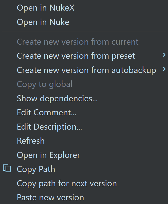 Close-up on the Open in NukeX and Open in Nuke menu entries