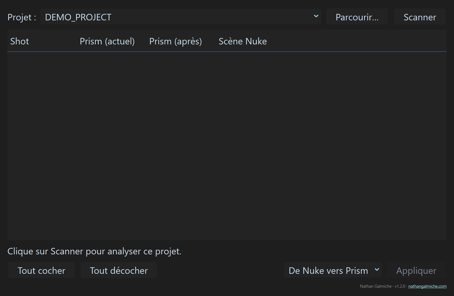The Sync ShotRange window as it opens, with the Prism project picker