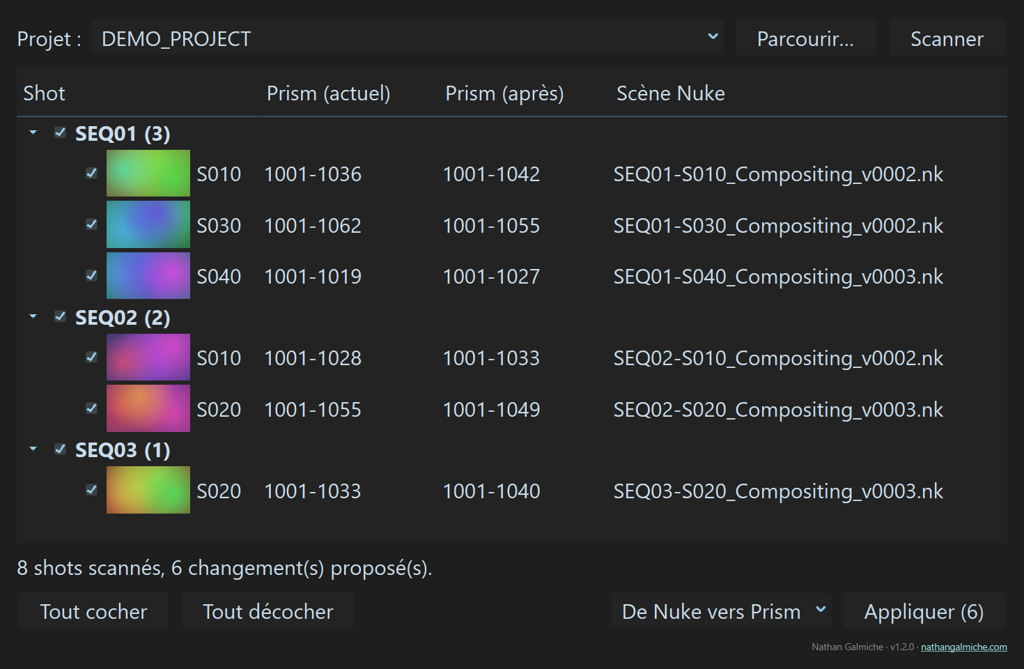 Sync ShotRange listing frame range differences by sequence, with tick boxes and the direction selector next to Apply